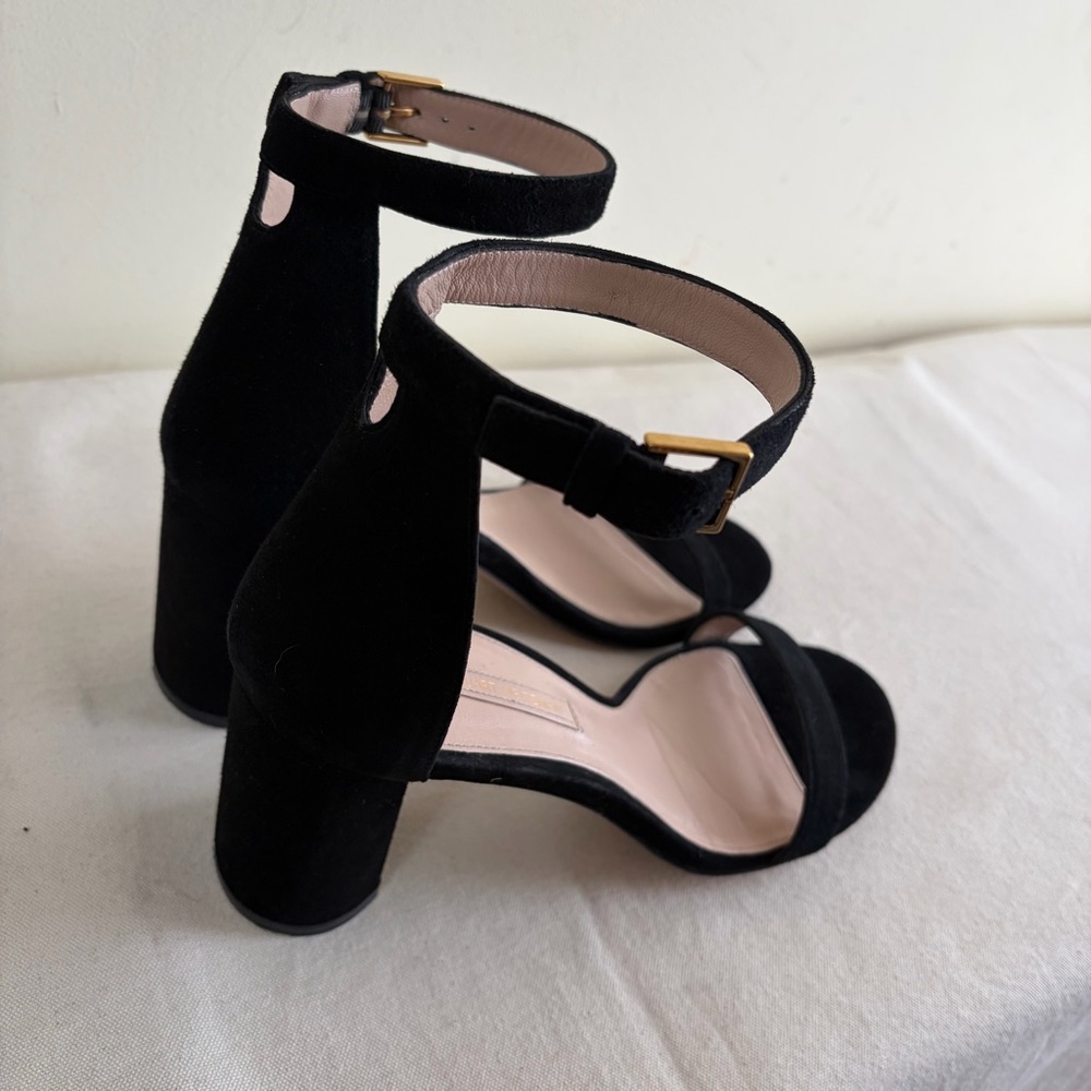 Stuart Weitzman sandals sz 8 Black Suede Ankle-Strap Block Heels - Picture 7 of 11